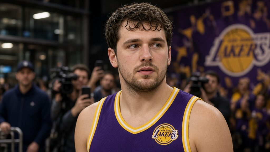 Luka Doncic in Lakers jersey with team logo