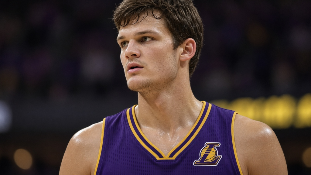 Photoreal Los Angeles Lakers center in purple and gold jersey with Lakers logo, Walker Kessler Media Day defense story