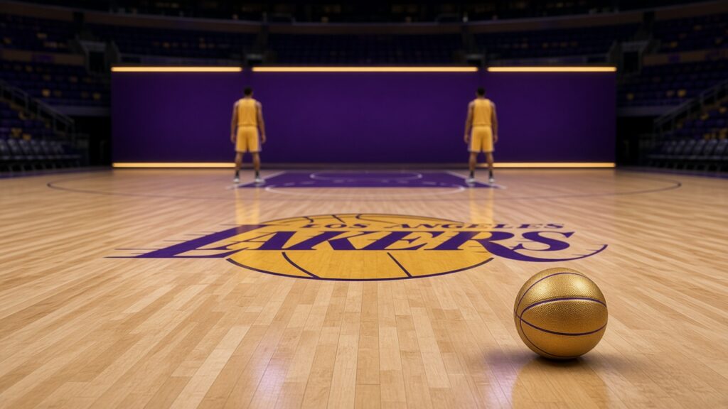 Los Angeles Lakers logo at center court with a gold basketball and two players in gold uniforms in the background