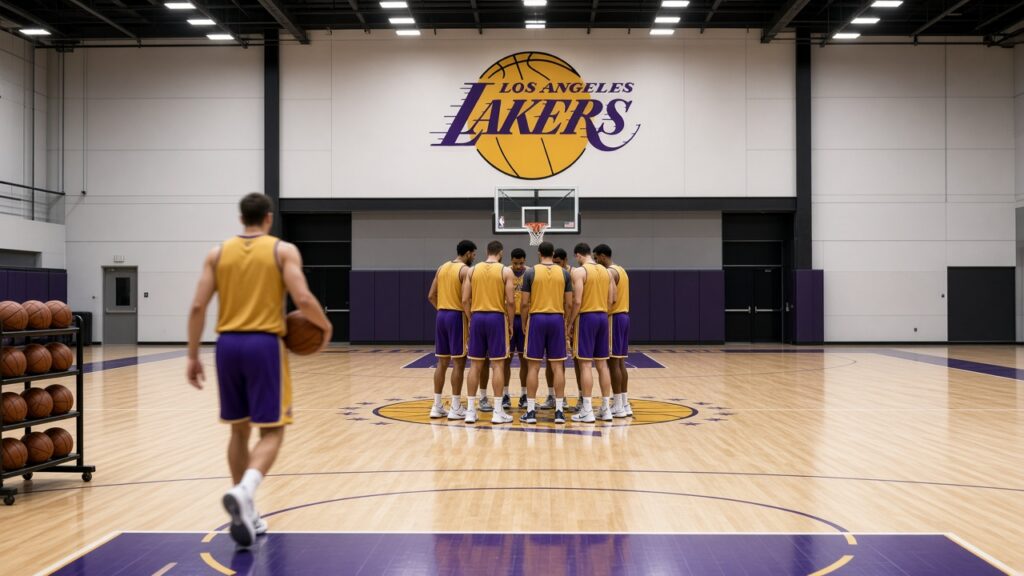Lakers players in gold practice jerseys huddle at midcourt under the Los Angeles Lakers logo as training camp opens