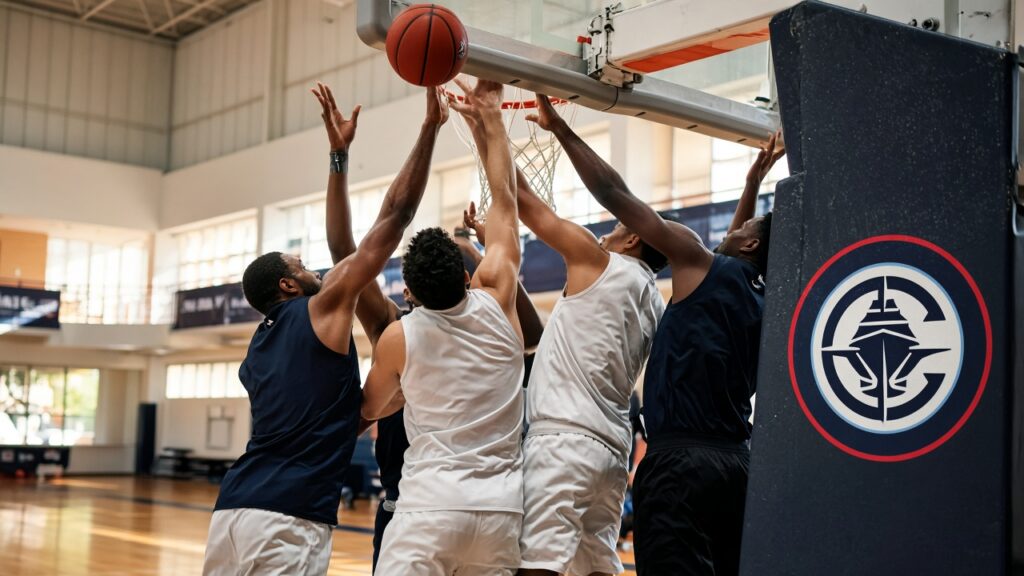 Clippers Training Camp Day 2: Lue Says His Small Team Must Win the Glass as Keaton Wagler Turns Heads Clippers players in navy and white practice tops battle for a rebound under the rim beside the Clippers logo in a sunlit gym