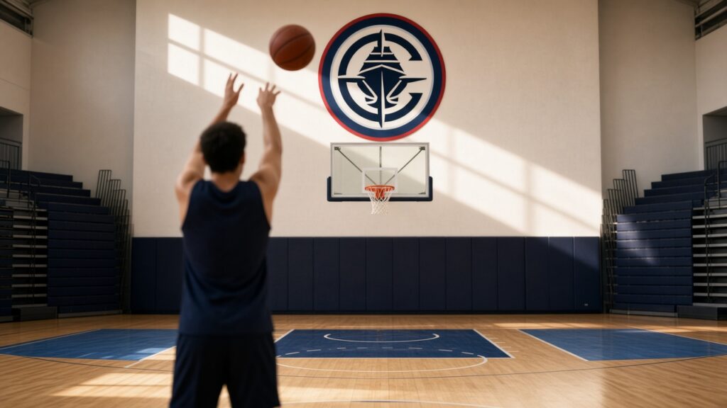A Clippers player in a navy practice jersey releases a jump shot toward the basket beneath the Clippers logo in a sunlit gym