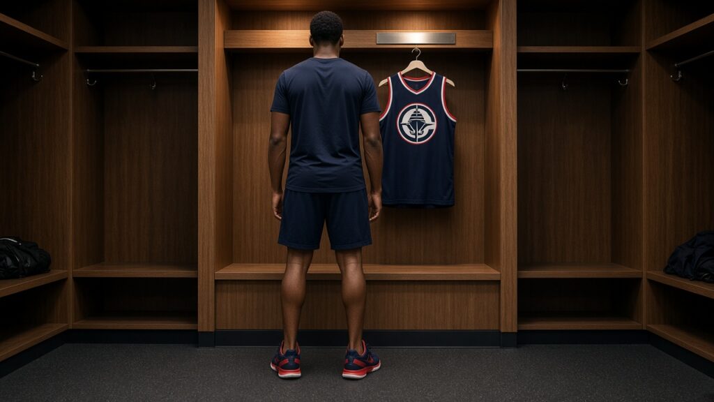 A player in a navy warm-up shirt stands facing his locker stall before tipoff, with a navy Clippers jersey bearing the team badge hanging in front of him
