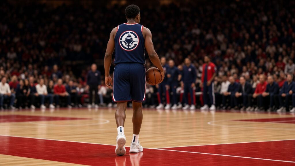 A Clippers player in a navy jersey with the team badge on the back walks full-body along the baseline holding a basketball after a made basket in Honolulu