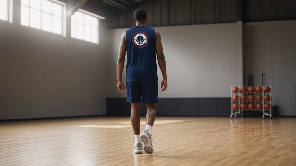 A Clippers player in a navy practice shirt with the team badge on the back walks across an empty sunlit practice gym toward a rack of basketballs