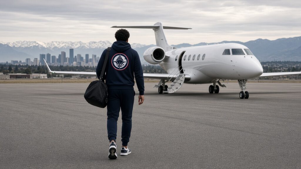 Clippers vs Raptors Preview: Vancouver Showcase Without Kawhi, Strus; Wagler or Dunn at Guard? A Clippers player in a navy hoodie with the team badge on the back walks across the tarmac toward a white charter jet, with a city skyline and mountains behind, ahead of the trip to Vancouver