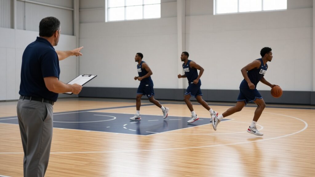 A Clippers coach with a clipboard points as three players in navy practice jerseys run a fast-break drill at the team's practice court