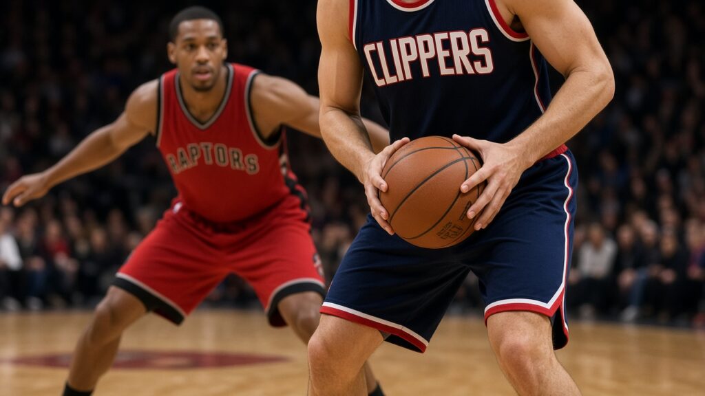 Close-up of a Clippers player in a navy uniform protecting the ball at his waist with a Toronto Raptors defender in red crouched behind him