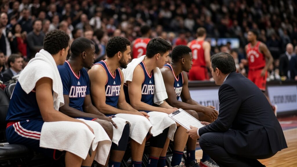Clippers vs Raptors Scouting Report: Scottie Barnes, Toronto’s Steals and the Turnover Test for Tyronn Lue in Vancouver Clippers players in navy sit on the bench with towels as a coach in a suit crouches in front of them holding a clipboard during a timeout, with Raptors players in red behind