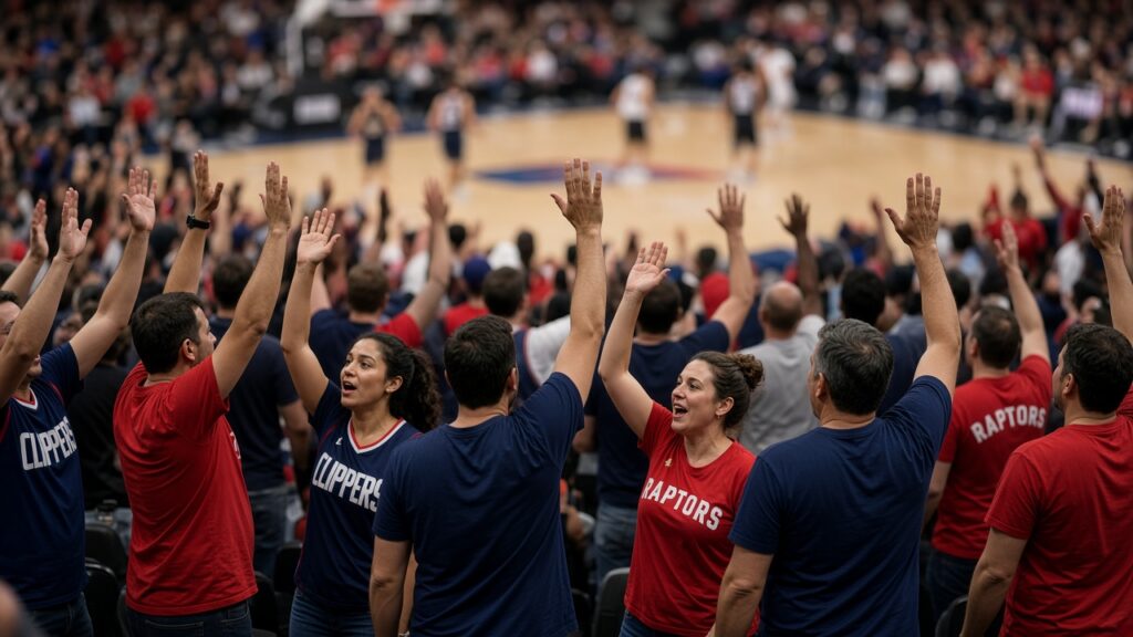 Clippers vs Raptors Recap: Raptors Win 114-106 in Vancouver as Gradey Dick Faces His Old Team and Tyronn Lue’s Lineup Experiment Stalls Fans in Clippers and Raptors jerseys cheer with their arms raised in the stands as the game continues on the court below