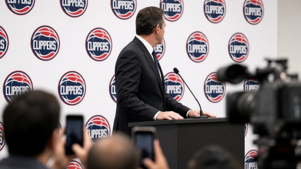 A coach in a dark suit speaks at a podium in front of a Clippers logo backdrop as reporters hold up phones and a TV camera records