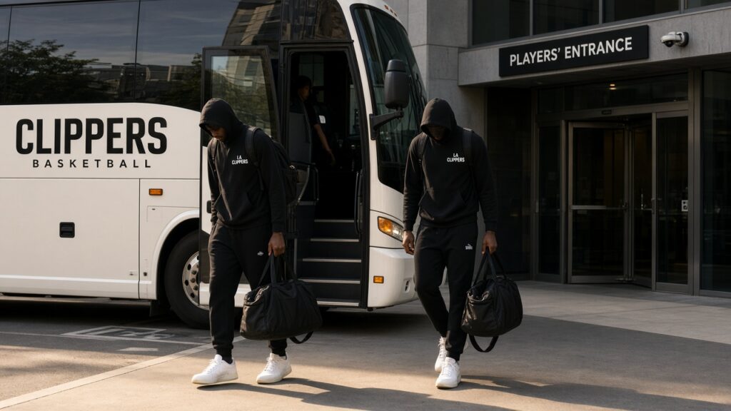 Clippers Waive Yuki Kawamura Two Days Before Nuggets Game: Exhibit 10 Bonus, G League Path and Who Is Still Competing Two Clippers players in black hoodies carry duffel bags off the team bus at the players' entrance
