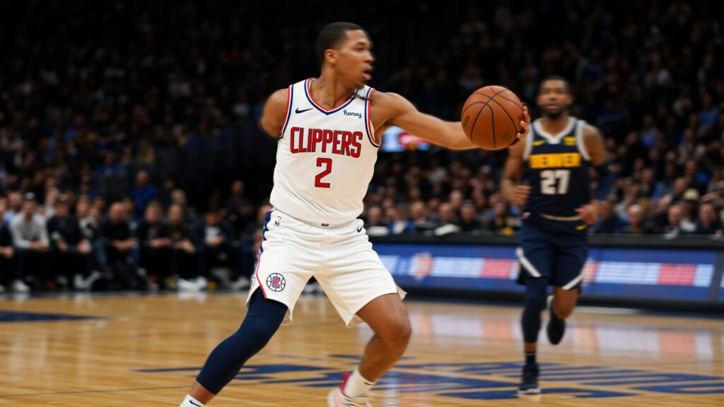 A Clippers player in a white jersey throws an outlet pass in transition as a Denver Nuggets player trails the play