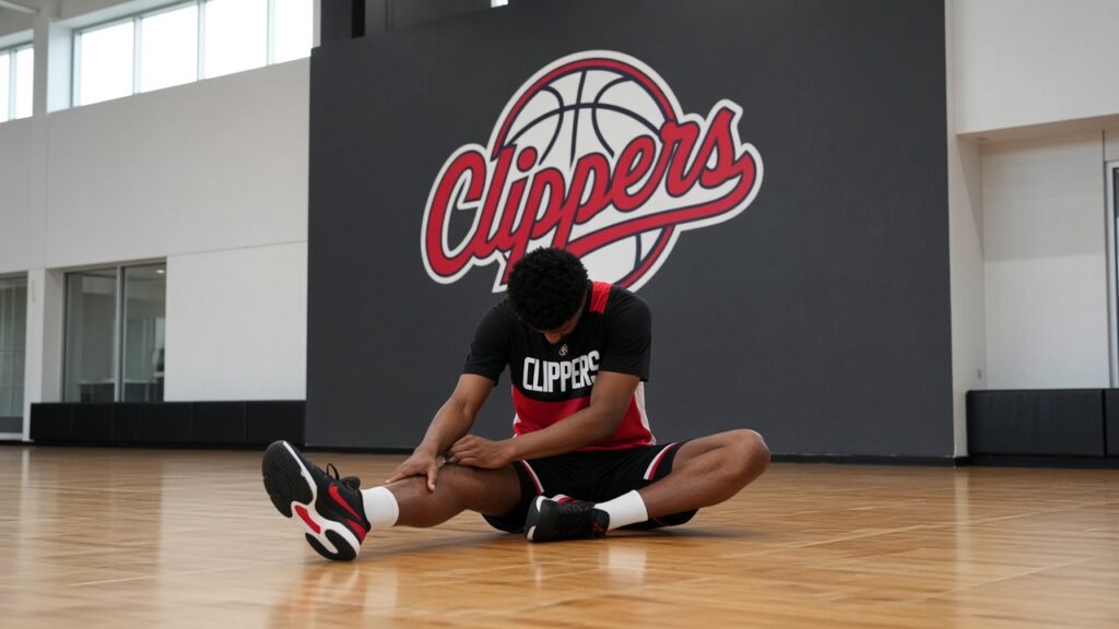 Clippers Opening Night Injury Report: Brandon Ingram, Bradley Beal, Max Strus and Yanic Konan Niederhauser Out; Kobe Sanders Trending Up A Clippers player in a black practice shirt stretches on the court in front of a Clippers logo wall