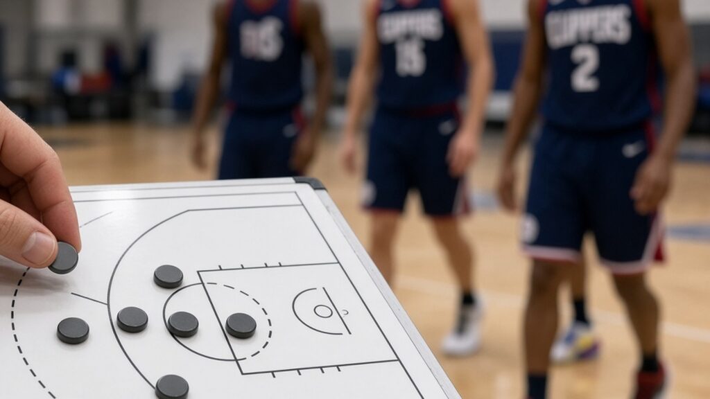 Coach moving magnets on a lineup whiteboard as LA Clippers players in navy practice jerseys wait