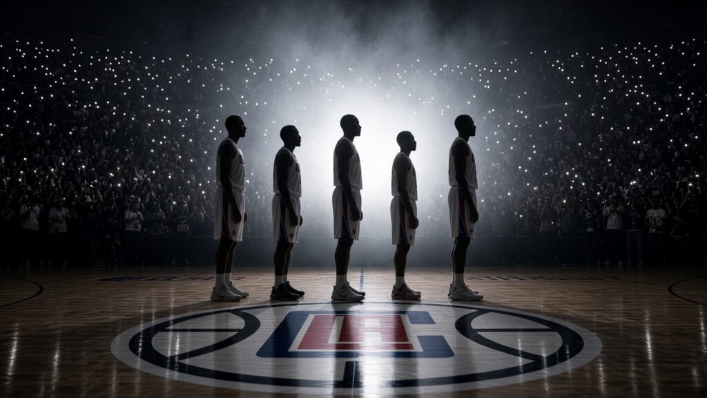 Five Clippers players in white home uniforms stand in silhouette on the center-court logo during opening night introductions