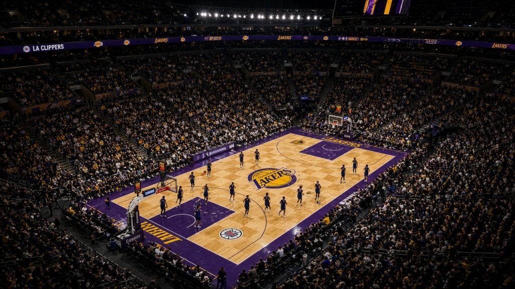 Clippers players in navy road uniforms warm up on the Crypto.com Arena court before facing the Lakers