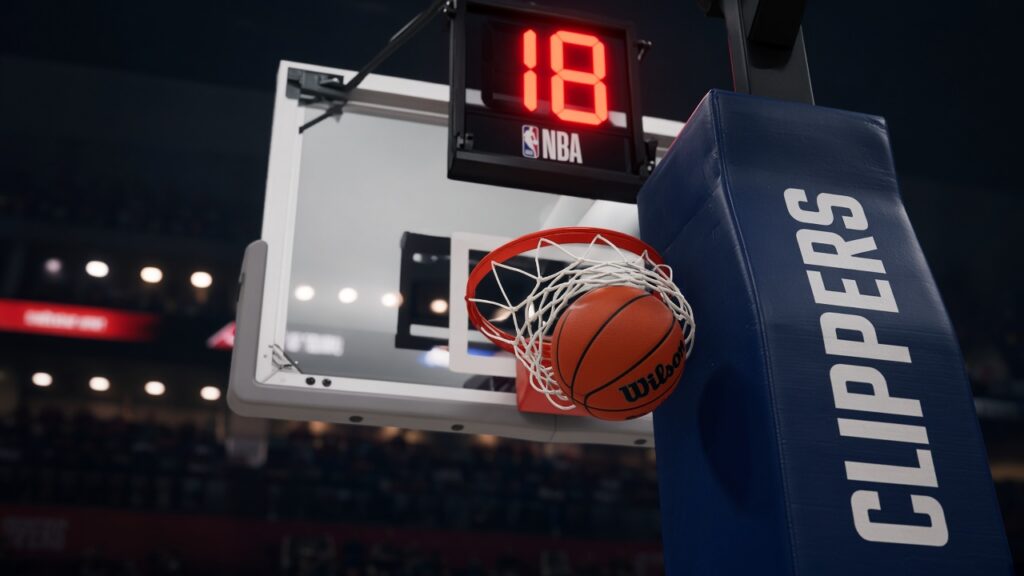 Clippers vs Thunder: Shai Gilgeous-Alexander Scores 34 as Clippers’ Late Rally Falls Short in 108-101 Loss A basketball drops through the rim beside a Clippers stanchion pad under a glowing shot clock, from Clippers vs Thunder