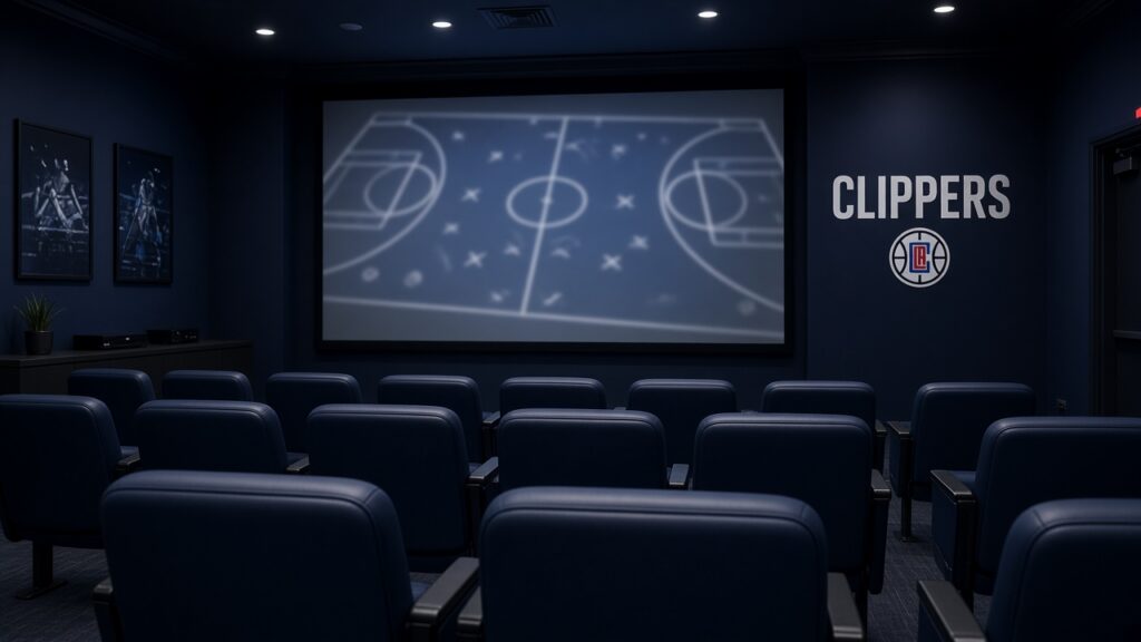 An empty Clippers film room with a court diagram on the screen, for a look at Brook Lopez's Clippers role