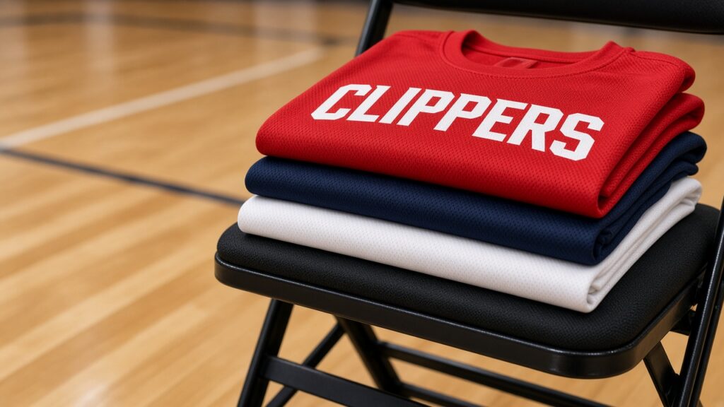 Folded red, navy and white CLIPPERS shooting shirts on a practice chair as Kobe Sanders moves into the starting lineup