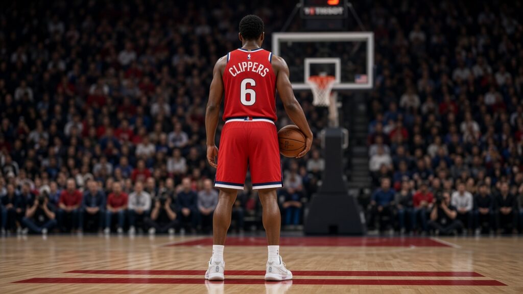 Keaton Wagler Scores a Career-High 21, but the Clippers Shoot 35% in a 103-87 Loss to the Lakers View from behind a player in a red CLIPPERS uniform standing at the free-throw line with the basketball at his hip.