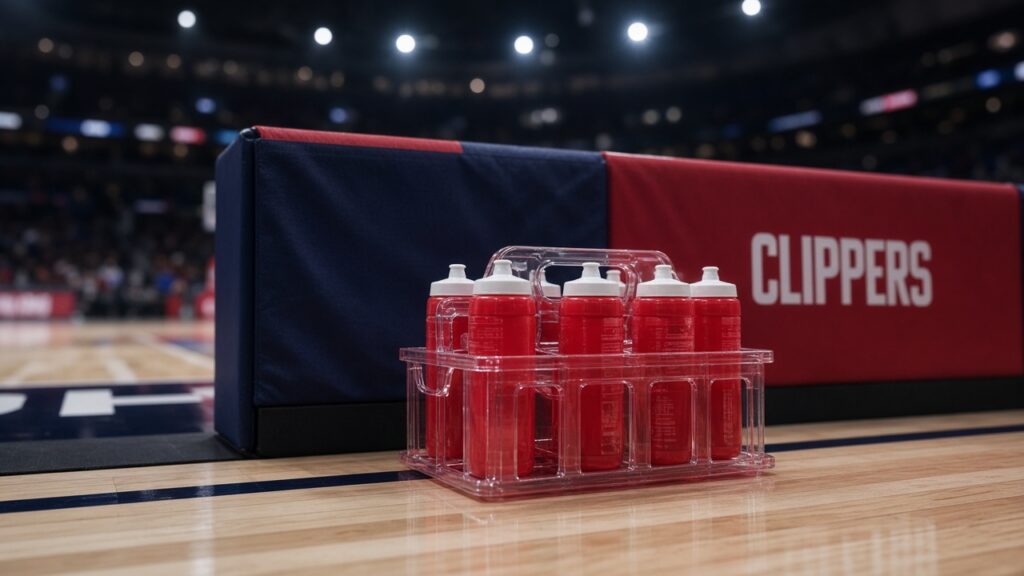 A carrier of red squeeze water bottles on the sideline beside a red and navy CLIPPERS banner.