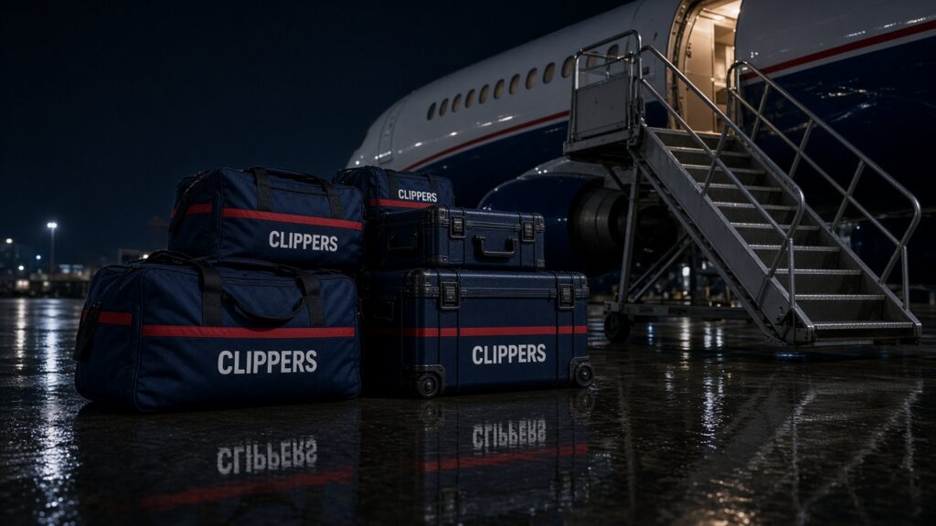 Clippers Losing Streak Hits Four as LaMelo Ball Scores 24 and the Timberwolves Win 127-101 Navy CLIPPERS duffel bags and equipment cases beside a charter jet's stairs on a wet tarmac at night.