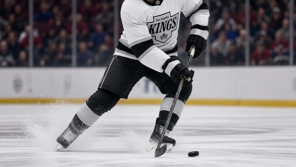 Kings Lose to Avalanche 8-4 in Season Opener as Four Power-Play Goals Bury Two Shorthanded Strikes A Kings player in a white road jersey skates with the puck as ice sprays in a road arena
