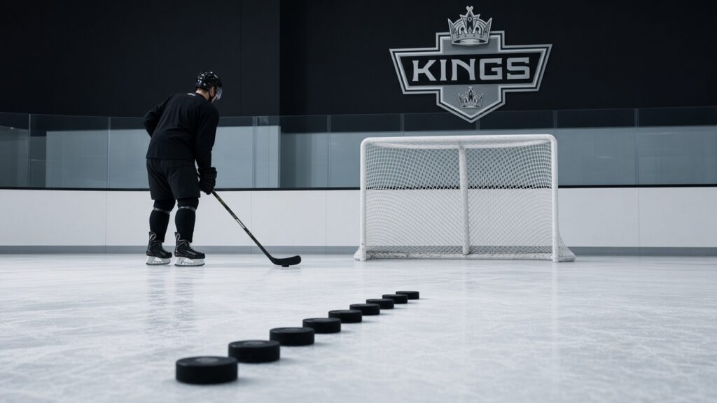 A Kings player in a black practice jersey works with a row of pucks near an empty net beneath the Kings crest at practice