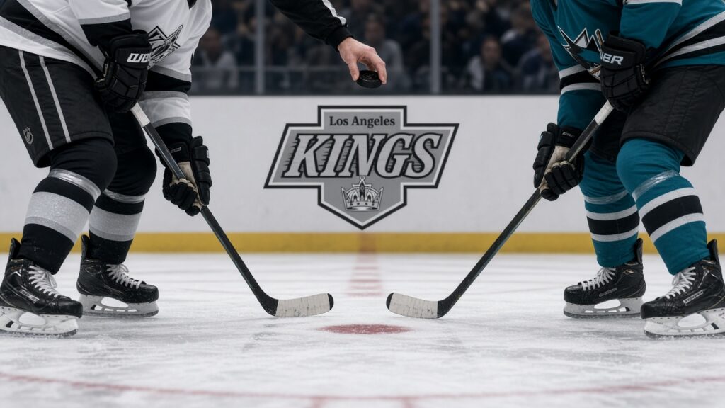 Kings at Sharks Game Day: Rush Defense Focus, Perry and Gustafsson Lineup Call, Kuemper Projected in Net Players in white and teal crouch for a center-ice faceoff as a linesman holds the puck, with the Los Angeles Kings crest on the boards behind them before Kings at Sharks