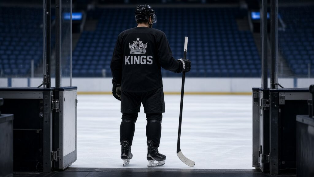 Kings Home Opener vs Florida: Lessons From 0-1-1, 60th Anniversary Festivities and Goalie Watch A Kings player in a black home jersey with the KINGS crest on the back stands full-body in the open bench gate looking out at empty ice before the home opener
