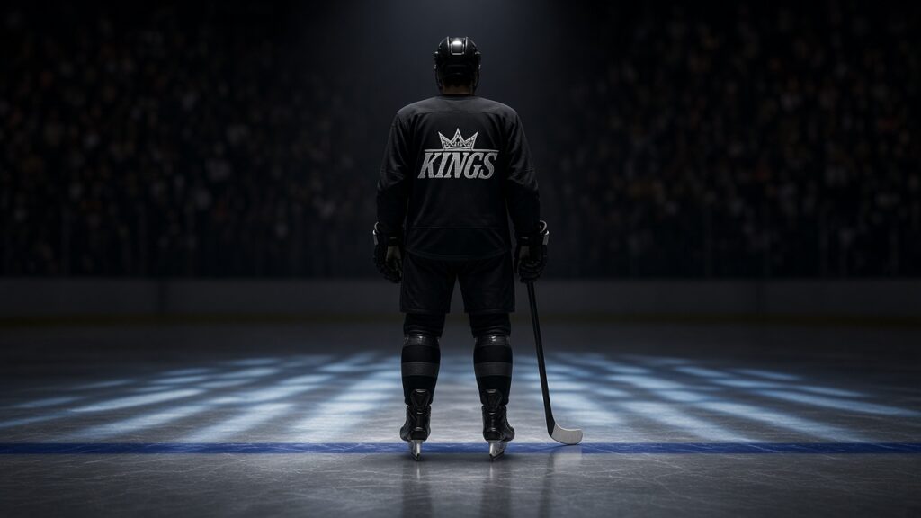 A Kings player in a black home jersey with the KINGS crest on the back stands alone on the blue line under a spotlight before the home opener