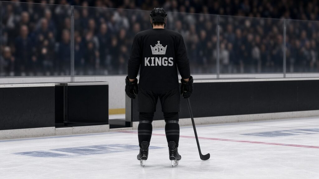 Kings Lose to Panthers 2-1 in Home Opener: Laferriere Scores, 5-on-3 Fizzles, Tkachuk Wins It A Kings player in a black jersey with the crown and KINGS on the back stands alone on the ice near the bench after the home-opener loss to Florida