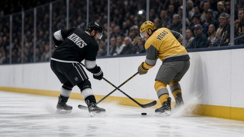 Kings vs Golden Knights Preview: 27 Turnovers to Fix, Anton Forsberg Projected, Vegas Hot at 3-1-0 A Kings player in a black jersey and a Vegas player in gold battle for the puck along the boards, with snow spraying off their skates