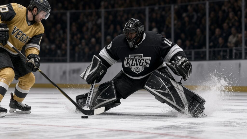 Kings Practice Lines: Erik Haula, Alex Laferriere Link Up as Quinton Byfield, Mats Zuccarello Miss Skate Before Vegas A Kings goalie in a black jersey drops to make a pad save as a Vegas Golden Knights skater in gold shoots from the slot