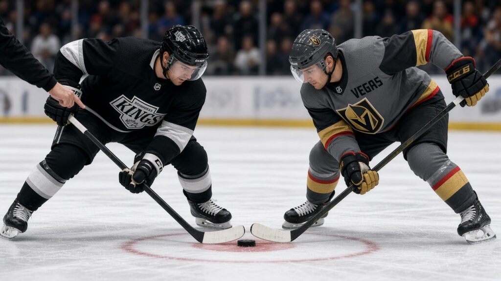 Kings vs Golden Knights Game Day: Mats Zuccarello Out, Quinton Byfield Back, Jared Wright Recalled for Vegas A Kings center in black and a Vegas Golden Knights center in steel gray face off at center ice with sticks down as the linesman is about to drop the puck