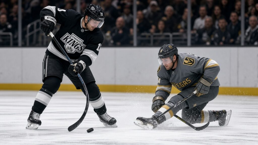 Kings Lose to Golden Knights 2-1 in Overtime: Artemi Panarin Ties It, Darcy Kuemper Makes 30 Saves, Mitch Marner Wins It on the Power Play A Kings defenseman in black handles the puck on a power play as a Vegas Golden Knights penalty killer in gray slides low into the shooting lane