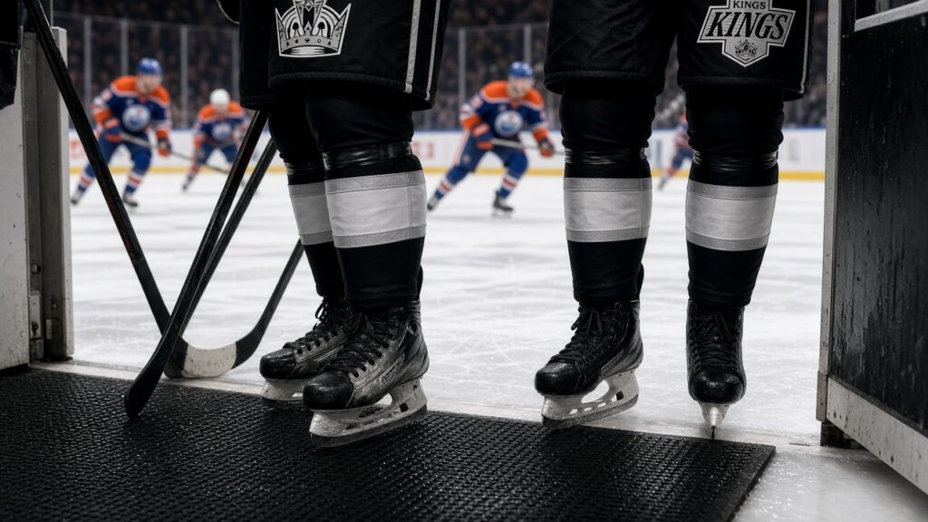Close-up of Kings players' skates and sticks at the bench door as Edmonton Oilers players in blue and orange skate warmups behind them
