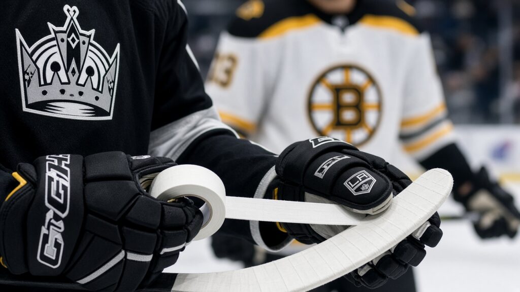 Kings Practice Lines: Alex Laferriere Centers Artemi Panarin and Adrian Kempe as Drew Doughty Calls Out Top Players Before Boston A Kings player in a black jersey tapes his stick blade at the bench as a Boston Bruins player waits behind him