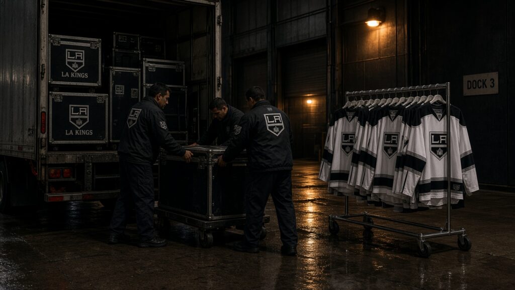 Staff unloading LA Kings equipment trunks and white road jerseys at the arena loading dock in Washington