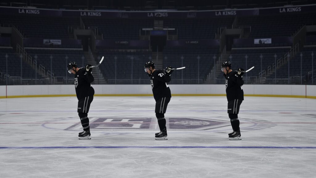 Quinton Byfield Injury: Kings Call Up Jared Wright as Day-to-Day Center Waits Before Islanders Game Three LA Kings players stretch with sticks overhead during a morning skate at center ice