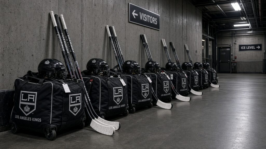 Kings vs Devils Preview: Quinton Byfield Questionable as Connor Hellebuyck Trade Shakes Up New Jersey LA Kings equipment bags, helmets and taped sticks lined up in the visitors hallway before the Devils game