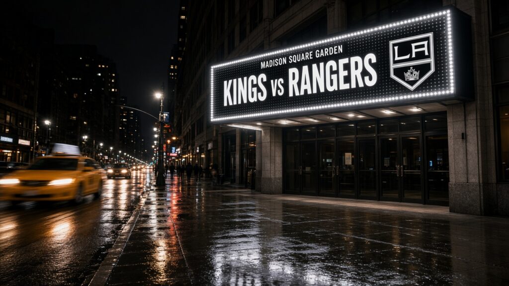 Kings vs Rangers Preview: Artemi Panarin and Peter Laviolette Return to Madison Square Garden as Quinton Byfield Practices A rainy Madison Square Garden marquee reads Kings vs Rangers beside the LA Kings logo