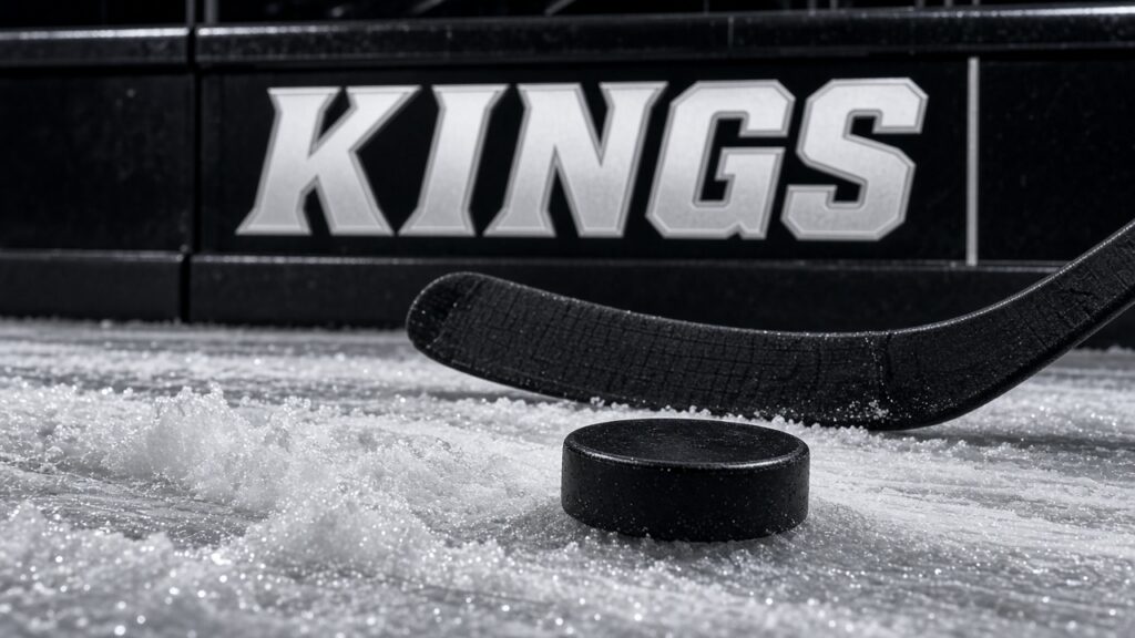 A puck and stick on the ice in front of a black Kings dasher board after Drew Doughty's three points