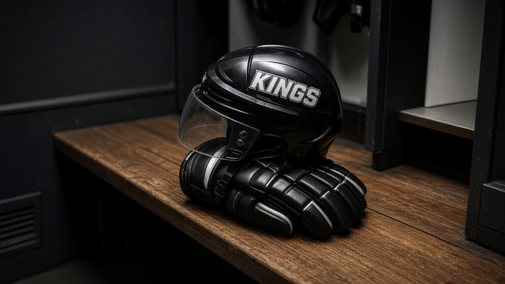 Kings vs Blackhawks: Another Tied Third Period Slips Away as Wyatt Kaiser Wins It 2-1 in Chicago A black KINGS helmet on silver-trimmed gloves on a dressing-room bench after Kings vs Blackhawks