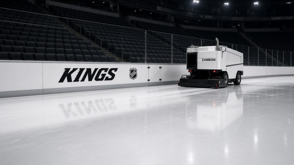 An ice resurfacer makes its final pass on an empty rink in front of white dasher boards lettered KINGS in black.