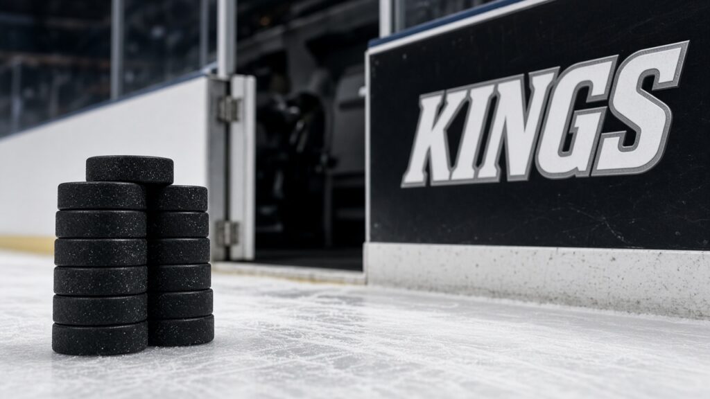 A stack of hockey pucks on the ice beside an open bench door and black boards lettered KINGS in white and silver.