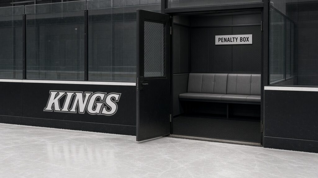 Kings vs Sabres Preview: Brandt Clarke Practices After Hayden Hodgson Gets a Two-Game Suspension An empty penalty box with its door open beside black boards lettered KINGS in white and silver.