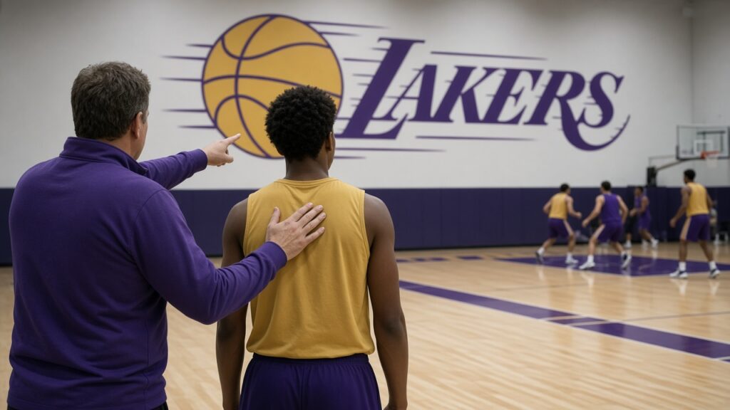 A Lakers coach in a purple quarter-zip puts a hand on a young player's shoulder and points toward a scrimmage beneath the Lakers logo at training camp