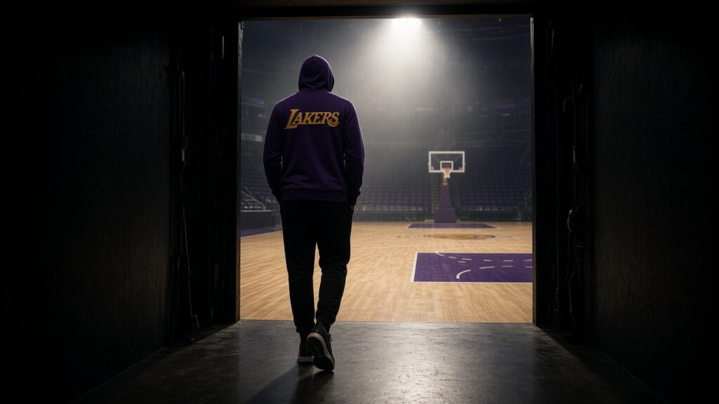 Lakers Preseason Opener: Roster Crunch, Knecht Status, Injury Questions and What to Watch at Sacramento A hooded player in a purple Lakers hoodie walks out of a dark arena tunnel toward a lit basketball court ahead of the Lakers preseason opener at Sacramento
